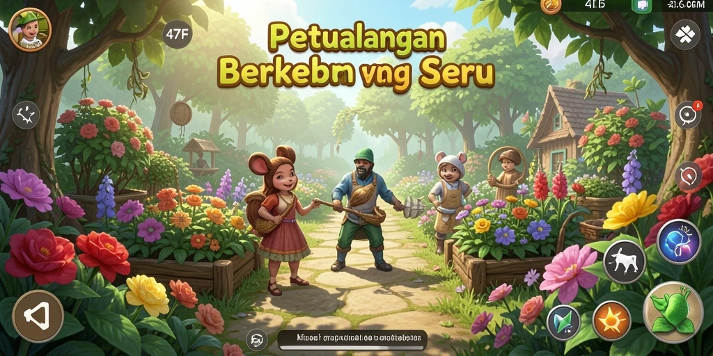 Screenshot gameplay 47F menunjukkan ladang subur dengan berbagai tanaman.
