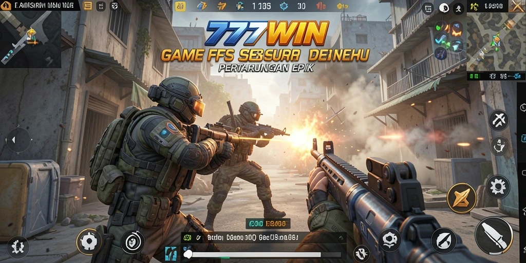 Screenshot gameplay 777WIN menunjukkan aksi mendebarkan di medan perang FPS.