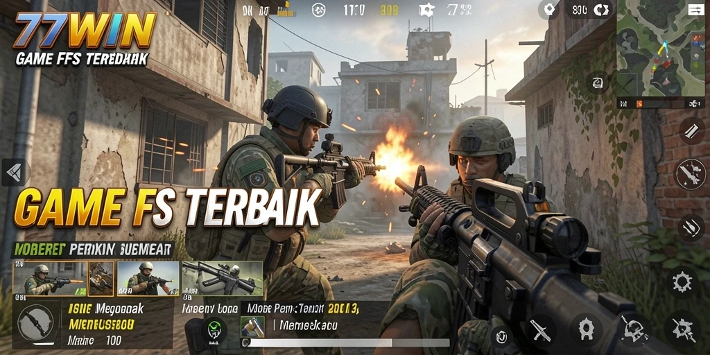 Screenshot gameplay dari 77WIN menampilkan aksi menembak yang intens.