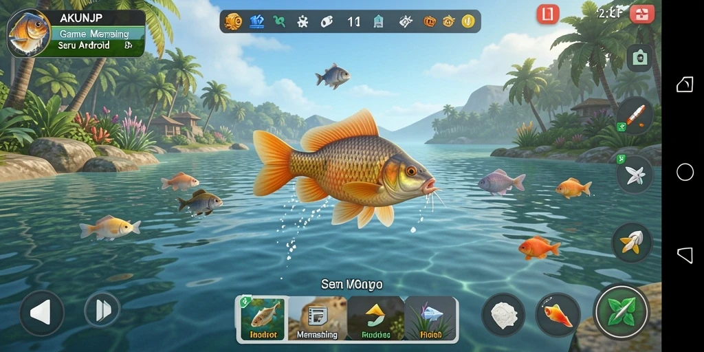 Tampilan gameplay AKUNJP dengan berbagai lokasi memancing yang menarik.