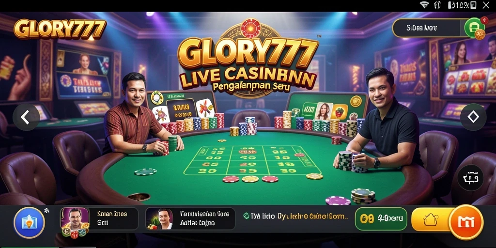 Screenshot gameplay GLORY777 menunjukkan dealer langsung dan suasana casino yang mendebarkan.
