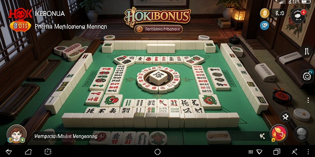 Tampilan gameplay HOKIBONUS dengan ubin Mahjong yang berwarna-warni.