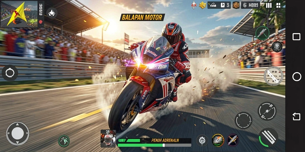Screenshot gameplay HR89 yang menampilkan aksi balapan motor yang seru.