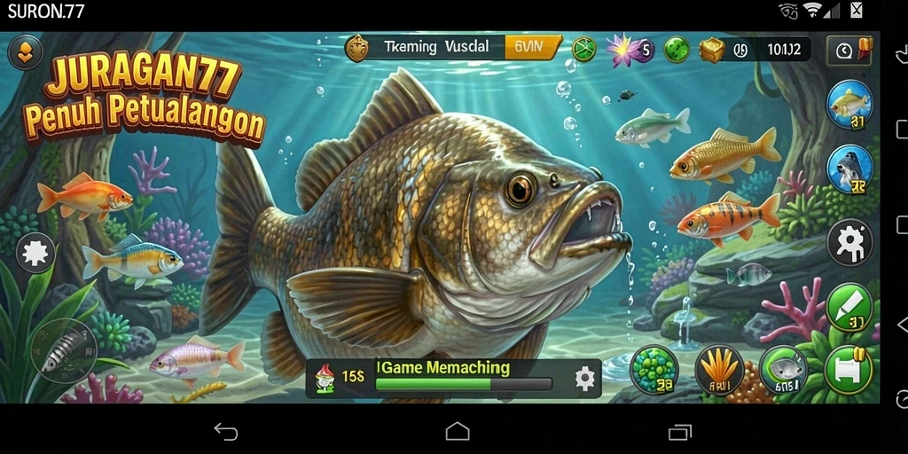 Gambar menunjukkan gameplay JURAGAN77 dengan variasi ikan yang dapat ditangkap.