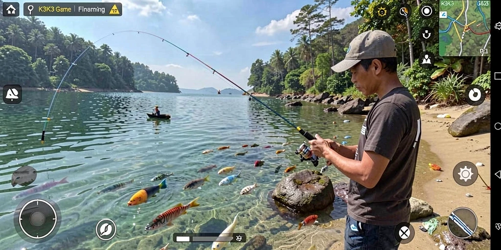 Gameplay K3K3 yang menampilkan aksi memancing yang seru dan grafik menakjubkan.