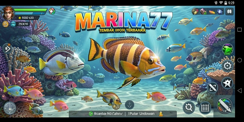 Screenshot gameplay MARINA77 menampilkan aksi menembak ikan yang seru.
