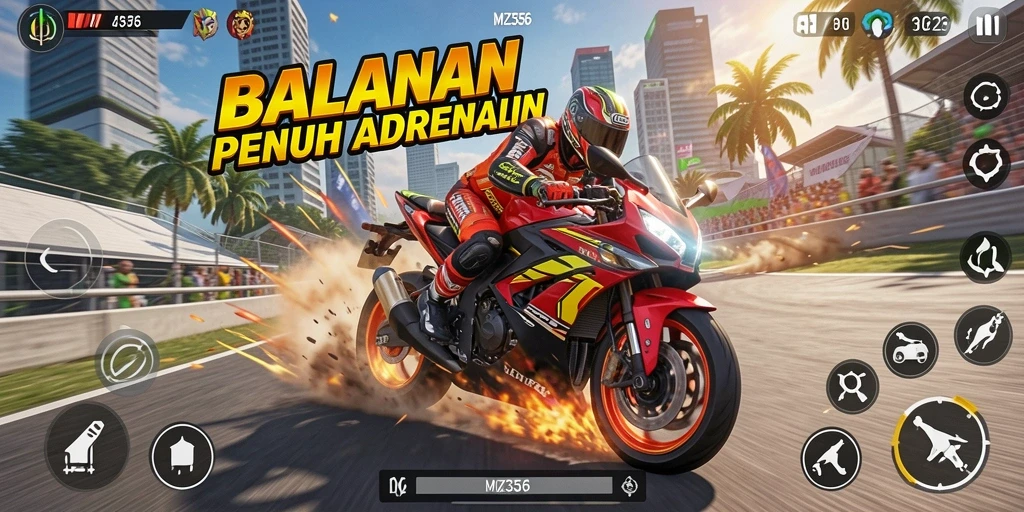 Tampilan gameplay MZ356 yang penuh aksi balapan motor.