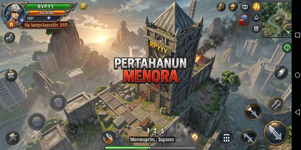 Screenshot gameplay RPYYY menampilkan strategi menara yang mendebarkan.